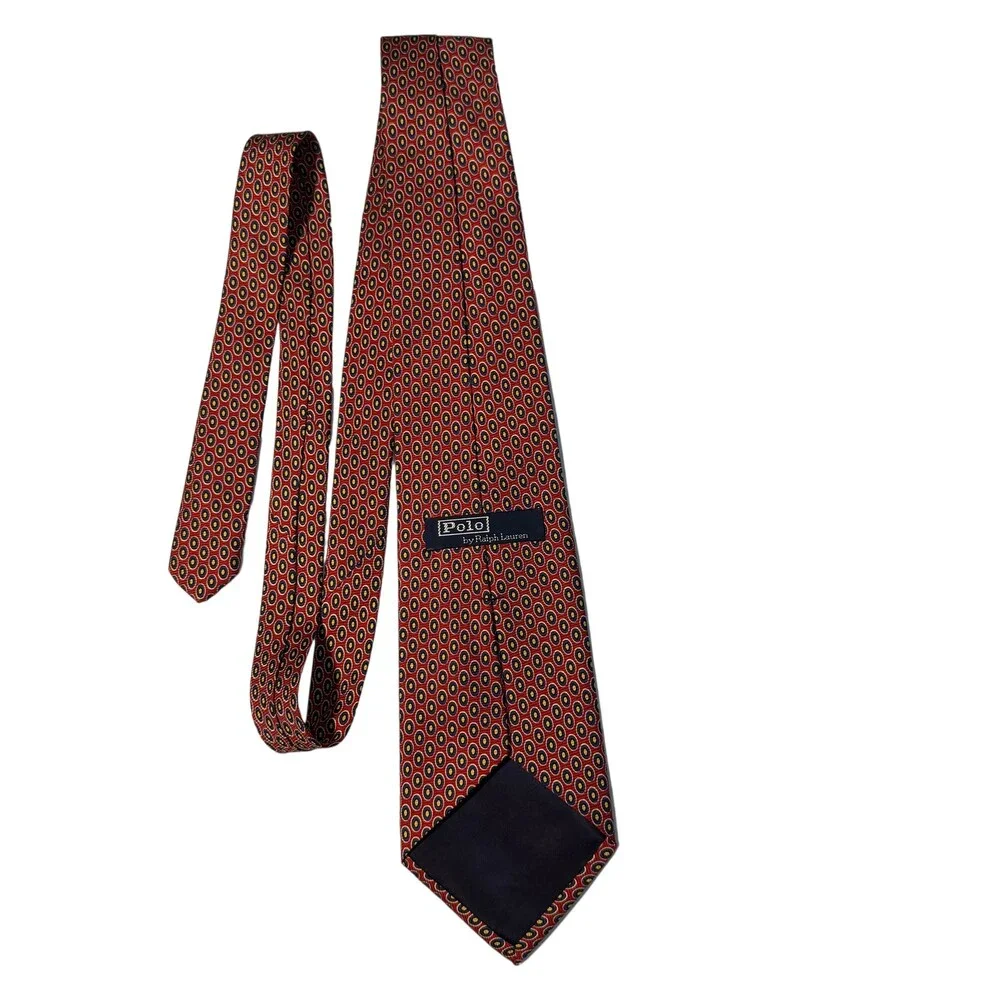Vintage Polo Ralph Lauren Tie Mens 4”x57” Red Navy Geometric Silk Handmade USA